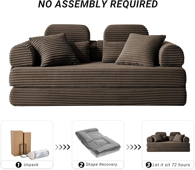 79'' Upgrade High Backrest Convertible Sofa Bed with Fixed Frame Removable Armrests &amp Backrest Corduroy Sleeper Couch No Assembly Guest Bed for Small Spaces (High Backrest Brown) | Convertible