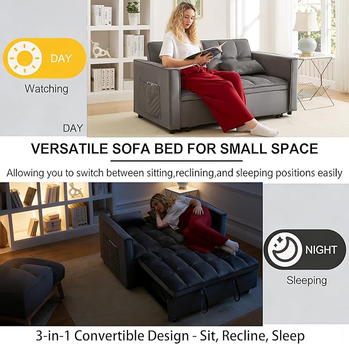 70 3-in-1 Velvet Sleeper Sofa Bed Convertible Pull Out Couch w/Adjustable Back Armrests &amp Storage. Modern Black Futon for Living Room Bedroom Small Space - 2 Pillows Included Grey