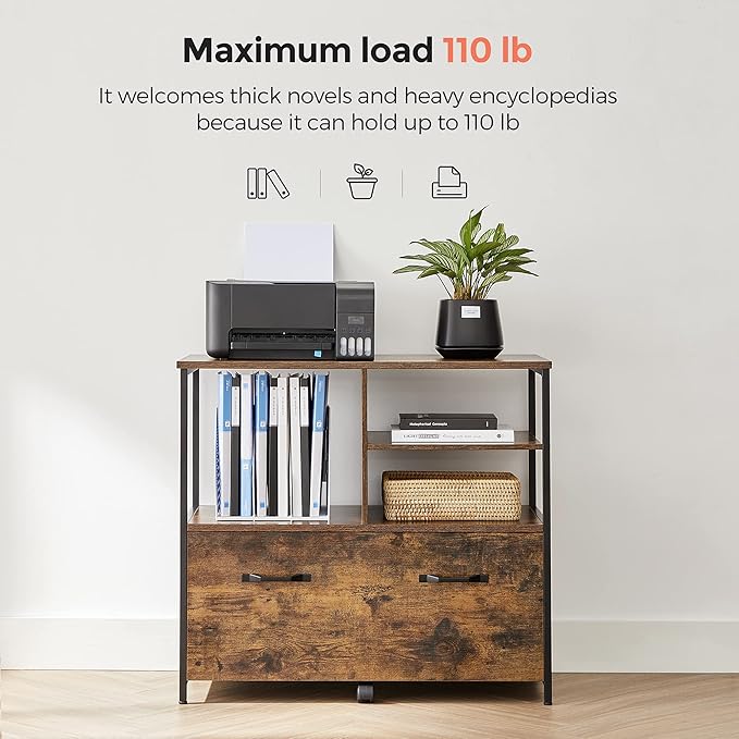 VASAGLE Lateral File Cabinet for Home Office Filing Cabinet with Open Shelves and Drawer for A4 Letter and Legal Sized Documents Printer Stand Rustic Brown and Ink Black UOFC043B01