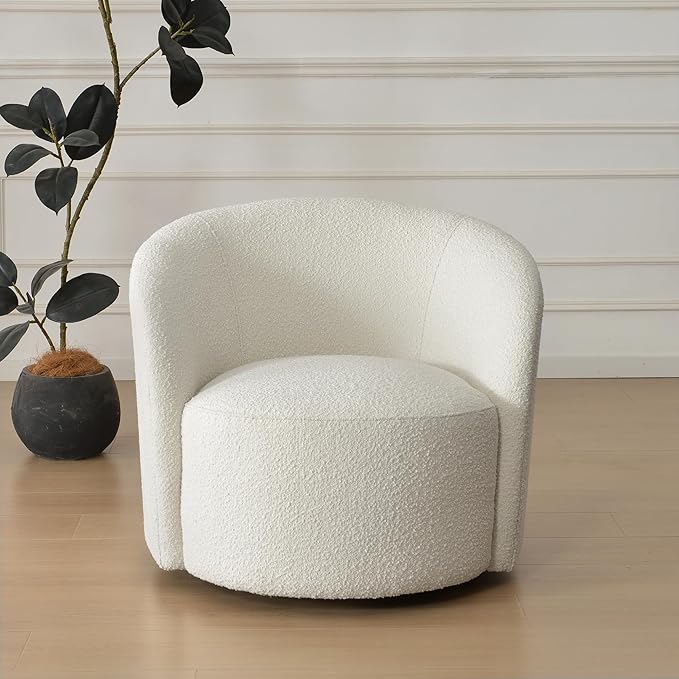 KINWELL 34 W Mid Century Modern Swivel Barrel Chair Round Upholstered Boucle Swivel Accent Chairs No Assembly Sofa Chair for Living Room Bedroom Reading Apartment Lounge Nursery(Cream)