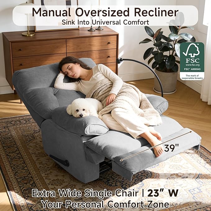 Oversized Recliner Chairs for Adults Manual Large Recliners Big Mans Recliner Chair Extra Wide Single Reclining Sofa Chair for Living Room RV Grey