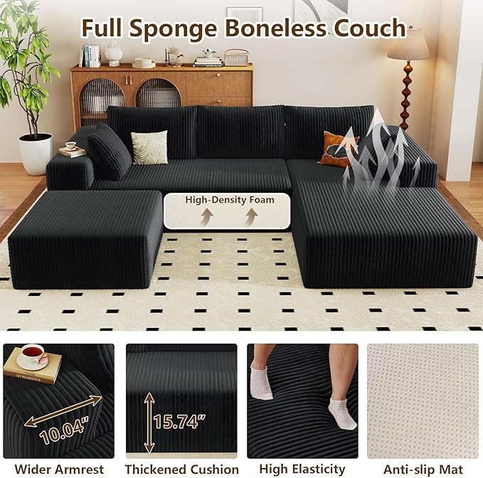 96 U-Shape Cloud Couch Modern Modular Sectional L-Shape Sofa with Ottoman Corduroy Upholstered Couches Deep Seat Sleeper Chaise Longue for Living Room No Assembly Required(Black Right Facing)