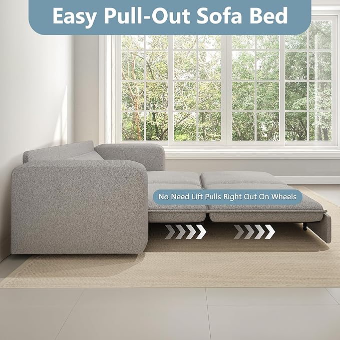 93 King Size Sofa Bed 3 in 1 Convertible Pull Out Couch Loveseat Sleeper Comfy Upholstered Teddy Sofa 3 Seater Chaise Lounge with 2 Pillows Modern Couch Bed for Living Room Grey