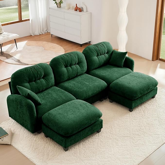 mikibama 107 Chenille Cloud Sofa 3 Seater Couch with OttomansModern Modular Sectional U-Shaped Cloud Sofas with Deep SeatU Shape Couch with Chaise Lounge Curved Arms for Living Room(Green3S+2O)