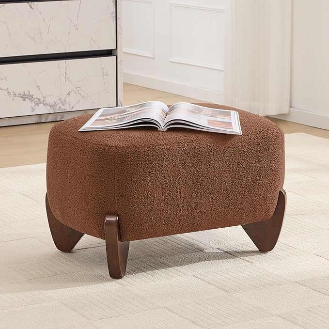 28.7 Sherpa Boucle Ottoman with Solid Wood Legs Modern Upholstered Footstool Comfy Ottoman for Living Room Bedroom Caramel