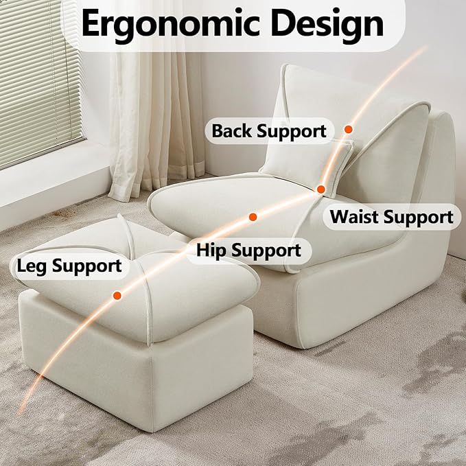 29” Oversized Lazy Sofa Chair and Ottoman Set Chaise Lounge Chair Indoor with Pillows Comfy Reading Couch for Adults Suitable for Living Room Small Spaces Memory Foam Chenille (Beige-1)