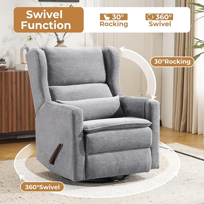 Swivel Rocker Recliner Chair Glider Rocker Recliner with Adjustable Headrest Nursery Rocking ChairManual Recliner with Side Pockets for Living Room &amp BedroomGrey