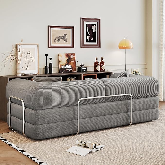 78.8'' Convertible Sofa Bed Boneless Couch in a Box Modular Corduroy Comfy Foldable Sleeper Compression Sofa Loveseat Couches for Living Room (Grey 78.8 inch)