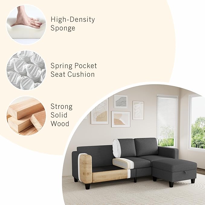 Sectional Sofa and Couches for Living Room - 78'' Dark Grey 3 Seat L-Shaped Couch with Storage Ottoman Modern Linen Convertible Sectionals Sofas for Apartment Office Small Space