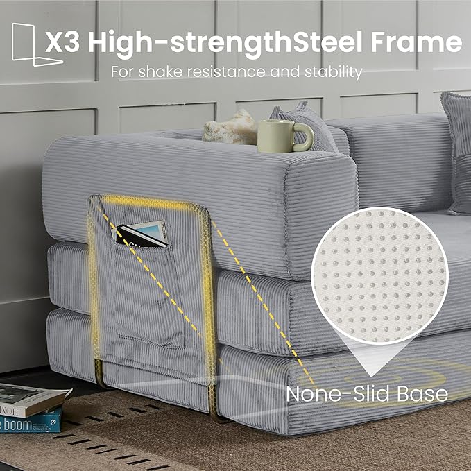 Belhome 78.8 Convertible Sofa Bed Futon Sofa Bed with Side Pocket Corduroy Pull Out Futon Sofa Boneless Couch for Living RoomsNo Assembly Required Pewter