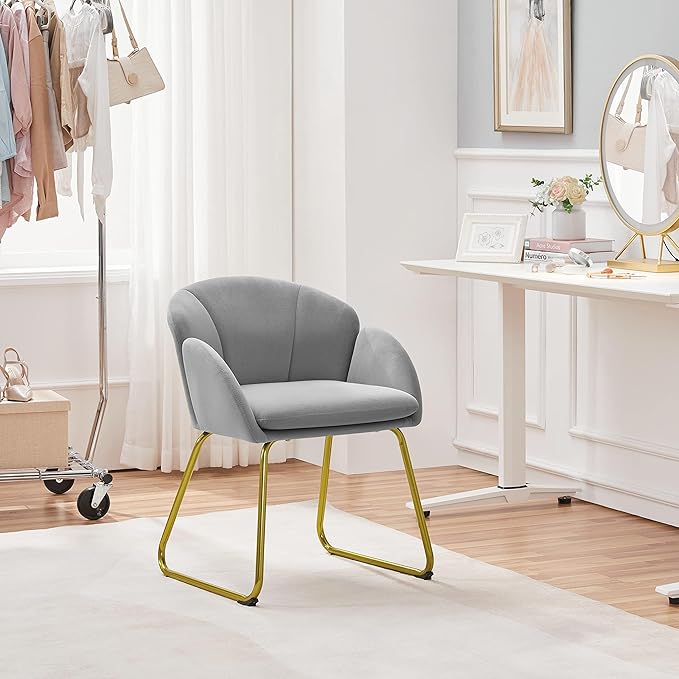 Yaheetech Flower Shape Velvet Vanity Chair Modern Side Chair Armchair with Golden Metal Legs for Living Room/Dressing Room/Bedroom/Home Office/Kitchen Gray