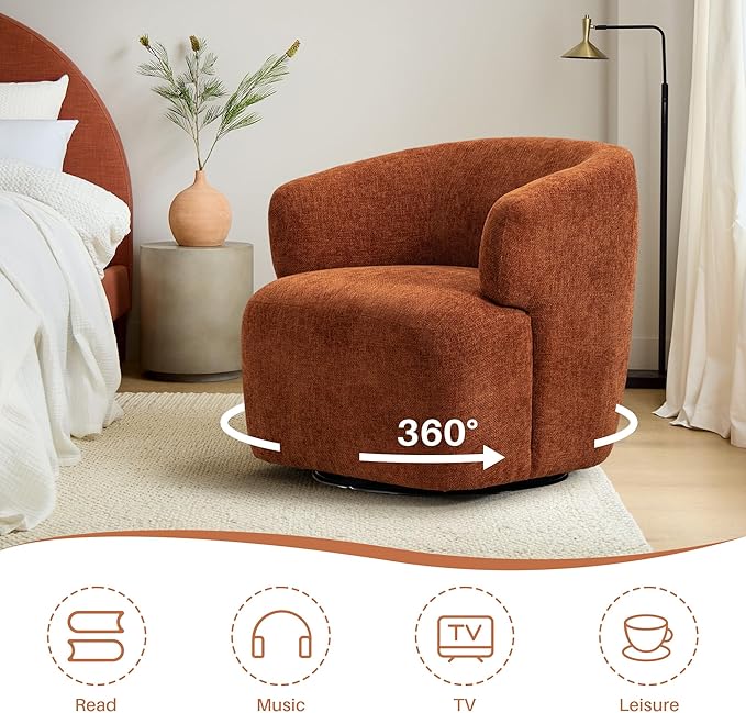 Swivel Accent Chair Upholstered Fabric Barrel Chair Chenille Round Boucle Armchair for Living Room Bedroom Orange