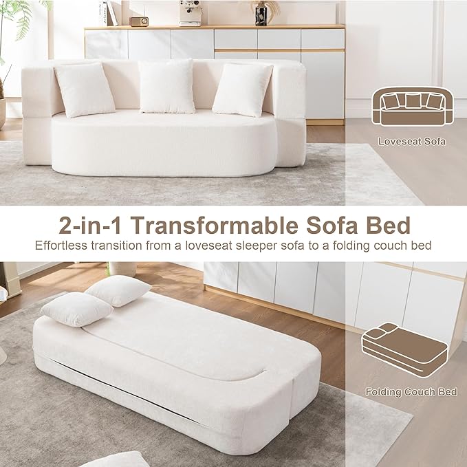 2 in 1 Convertible Sofa Bed 78.8 Modern Loveseat Sofa Couch Curved Folding Sleeper for Living Room Apartment Small Space No Assembly Required Ivory