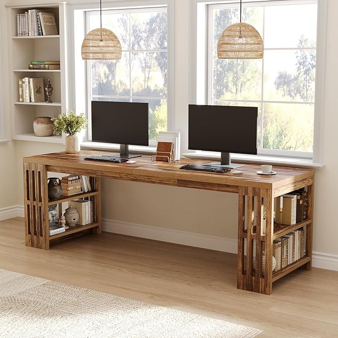 LITTLE TREE 78.7 Long Desk 2 Person Desk with Shelves Large Wooden Computer Desk Heavy Duty Shelf Legs Design for Two Person Home Office Business Workstation Brown (78.7 W x 23.6 D)