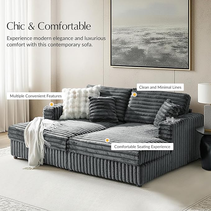 HULALA HOME 88 Double Chaise Lounge Sofa with USB Port and Cup Holder Oversized Cloud Couch with Faux Rabbit Fur Deep Seat Sleeper Sofa Bed for Living Room Bedroom Grey