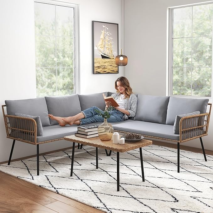 YITAHOME 4 Pieces Sectional Sofa Couch L-Shaped Sofa with 5 Seater for Living Room Detachable Lounger with Thickness Cushions and Side Table - Grey