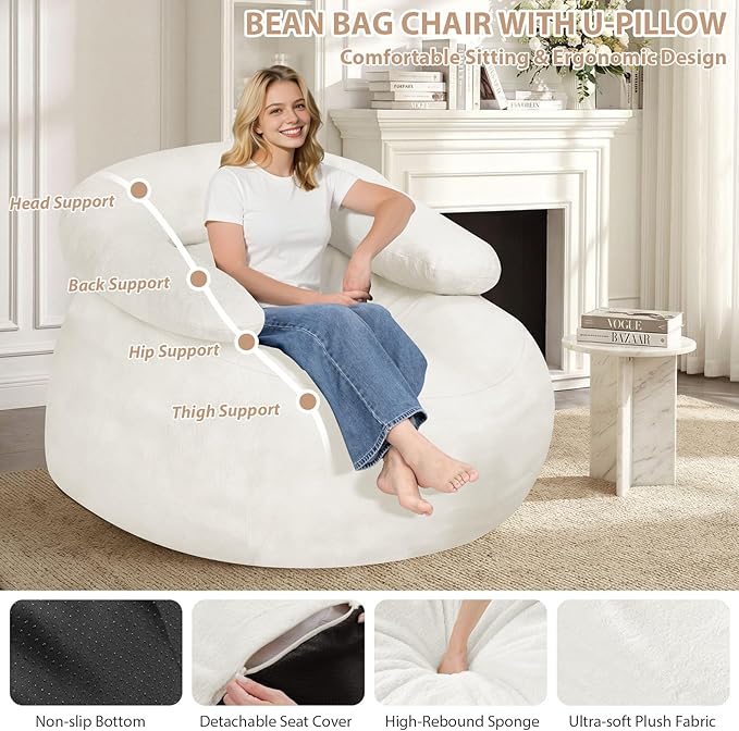 HABUTWAY Giant Bean Bag Chair Oversized Beanbag Chair with Filler Ultra Soft Faux Fur Bean Bag Lounge Floor Sofa w/U-Shaped Pillow for Gaming Reading Beige &amp Beige