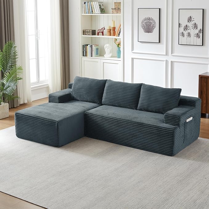 Boneless Couch Corduroy Cloud Sofa 96'' Sectional Couches Deep Seat L-Shaped Sofa No Assembly Pet-Friendly Apartment Couch for Living Room Small Spaces in a Box