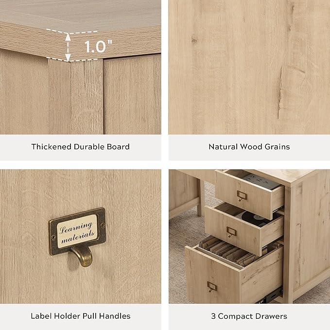 Executive Desk with Drawers Modern Wood Home Office Desk with File Drawer Farmhouse Computer Writing Desk for Working Light Oak