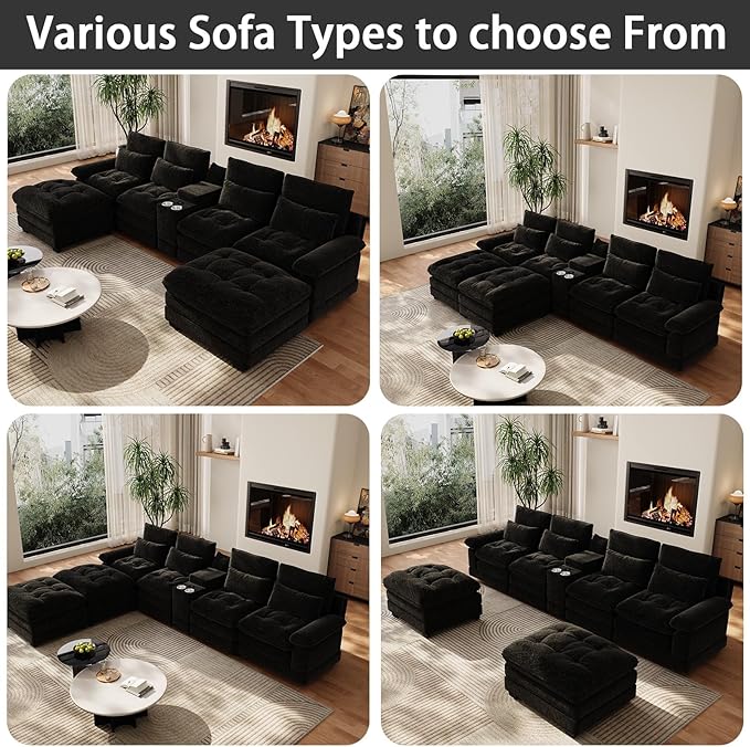134U Shaped Sectional Couches for Living Room Oversized Modular Sectional Fluffy Couch with 2 Ottoman &amp Storage ConsoleModern 6 Seat Living Room Sofa with Glitter FabricTufted Buttons Black