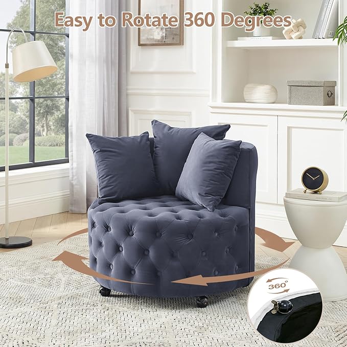 LLS Swivel Barrel Chair Velvet Accent Barrel Chair with 3 Pillows and 4 Wheels 360 Degree Sofa Chair Modern Button Tufted Upholstered Accent Chair for Living Room Bedroom Gray