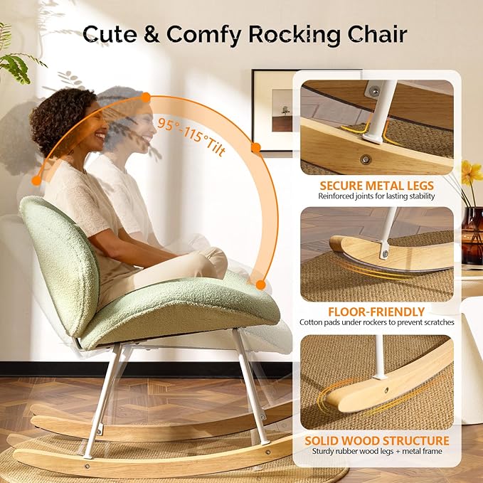 VINGLI 25.6 Extra Wide Nursery 115° Armless Rocking Chair Curved Cute Cross-Legged Glider Chair with Pillow &amp Solid Wood Nursing Chair for Bedroom Living Room Teddy Fleece Mint Green