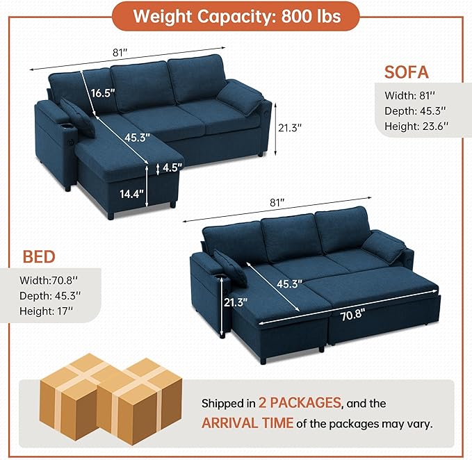 DURASPACE Sofa Bed Sleeper Sofa Couch with Pullout Bed for Living Room L Shaped Couch with Storage Chaise USB Cup Holder (Blue Linen)