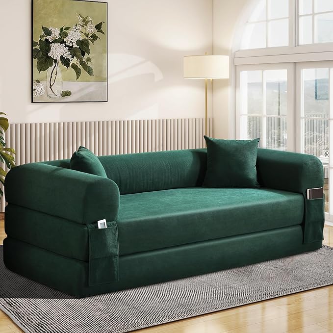 KBQ 3-Seat Convertible Sleeper Sofa Bed with 2 Pillows Corduroy Folding Mattress Couch Floor Sofa Lounge Couch for Living Room Bedroom Lounge Studio Deep Green