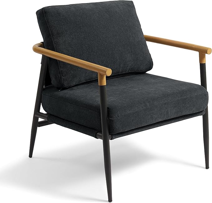 UIXE Metal Armchair Chenille Accent Chair for Living Room Modern Reading Arm Chair with Thicken Cushion - Black Set of 2