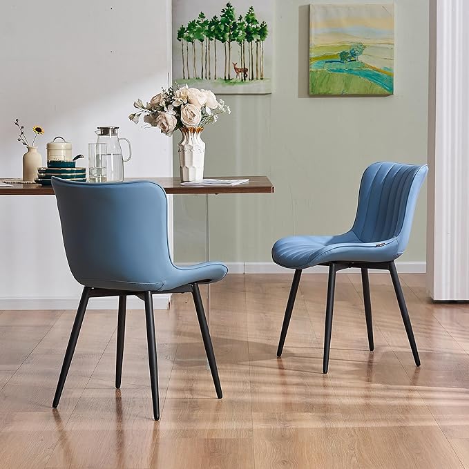 YOUNUOKE Mid-Century Modern Dining Chairs Set of 2 Blue PU Leather Upholstered Kitchen Chairs with Black Metal Legs Armless Accent Chair for Dining Room Guest Reception Room