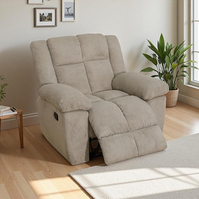 Fabric Recliner Sofa Chair Manual Reclining Chair Comfy Upholstered Single Recliner Couch with Padded Armrest Modern Corduroy Living Room Furniture for Home/Office (Beige 1 Seat)