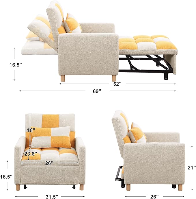 Sleeper Sofa Bed 3-in-1 Convertible Chair Bed Multi-Functional Sleeper Chair Soft Teddy Fabric for Living Room Apartment Office (White&ampYellow)