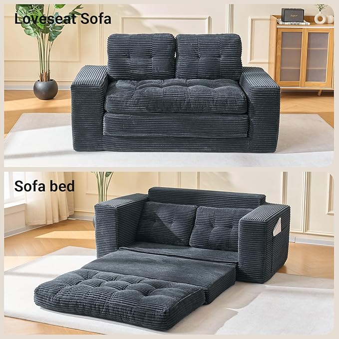 Fefances 66.93”Boneless Sofa Bed 2-in-1 Convertible Loveseat &amp Folding Futon Couch Small Space-Saving Design with Corduroy Fabric for Living Room Bedroom Studio Apartment - Black
