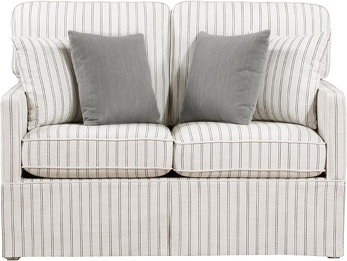 Lexicon Modern Sofa Couch for Living Room Sofas with Solid Wood Frame Square Arm and 4 Accent Pillows Small Couch for Bedroom/Living Room/Office/Apartment 2 Seater Couch White with Stripe