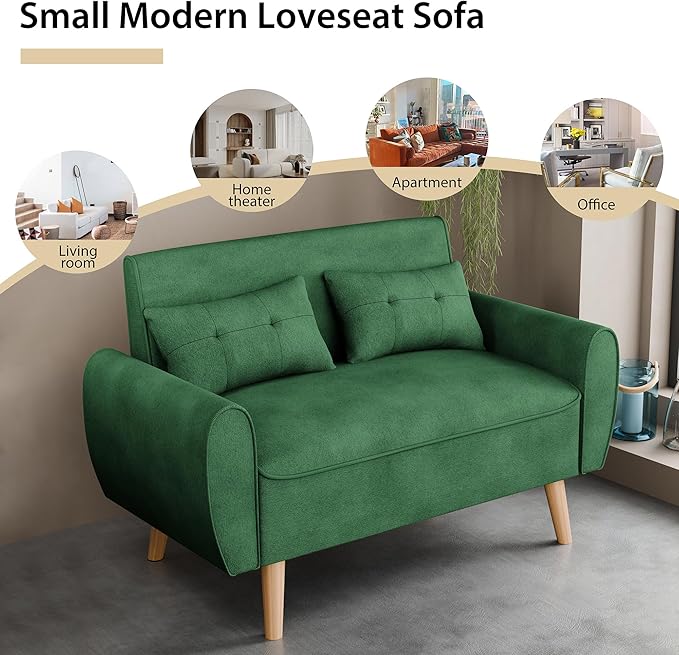 JAMFLY 47'' Small Loveseat Sofa 2 Seat Compact Couch with Tapered Legs Green Upholstered Furniture Solid Wood Frame Comfy Foam Cushion Easy Assembly for Small Spaces