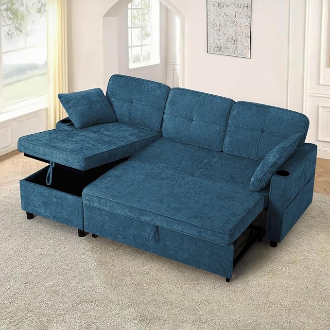 84 Inches L Shaped Sofa w/Adjustable Back &amp Pull-Out Sofa Bed Chenille Tufted Sectional Couch w/Storage Chaise &ampUSB Charging Port Modern Sleeper Couch w/Cup Holders for Living Room Blue