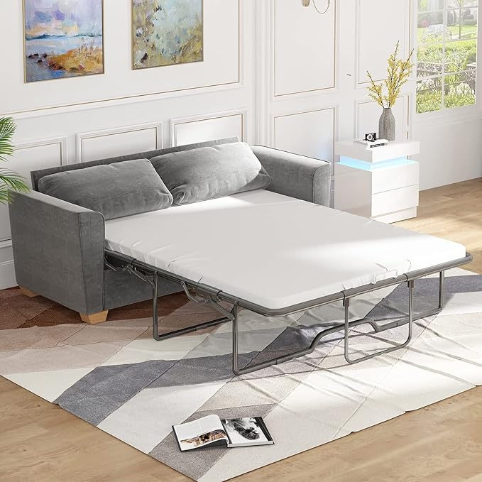 BALUS Full Pull Out Sofa Bed 71 Width 2-in-1 Velvet Loveseat Sleeper Sofa Pullout Couch Bed with Memory Foam Pillows and Mattress for Living Room Furniture Office Apartment Small Space Light Grey