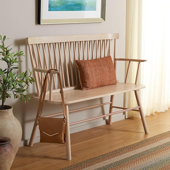 SAFAVIEH Home Collection Addison Farmhouse White Wash Solid Wood Windsor Spindle Loveseat Bench