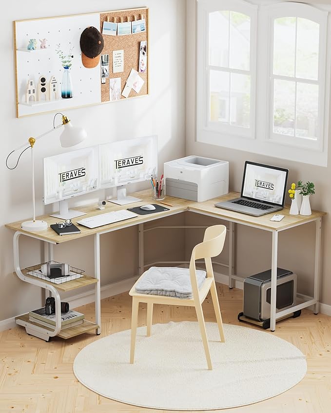 Teraves Reversible L Shaped Desk with Large Surface 69 Inch Sturdy Corner Desk with Storage Shelves Premium Office Computer Desk Workstation for Home Office Gaming