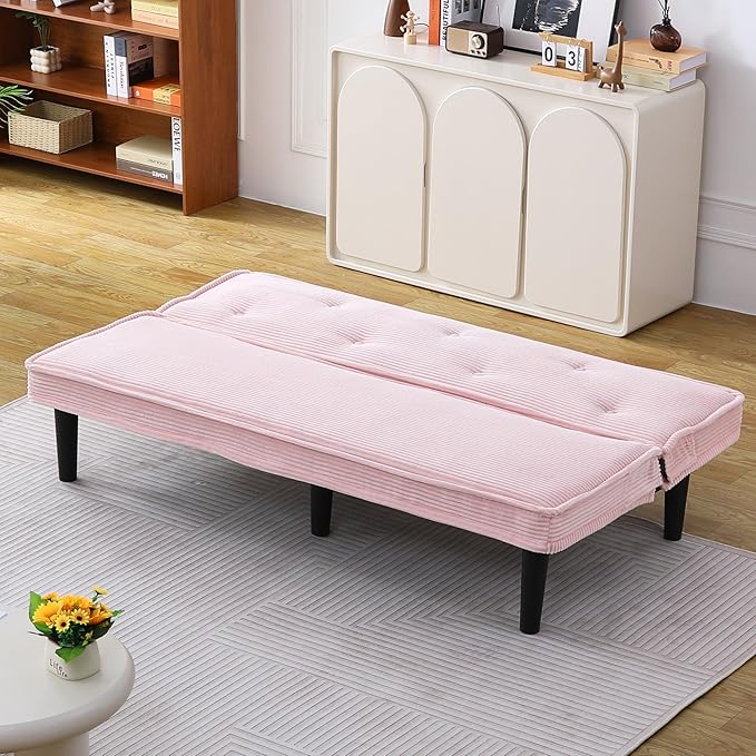 Convertible Futon Sofa Bed Faux Leather Futon Couch with Adjustable Backrest and Usb Port Modern Folding Couch For Small Spaces Living Room Sleeper Bed for Living RoomBedroomOffice (Pink)