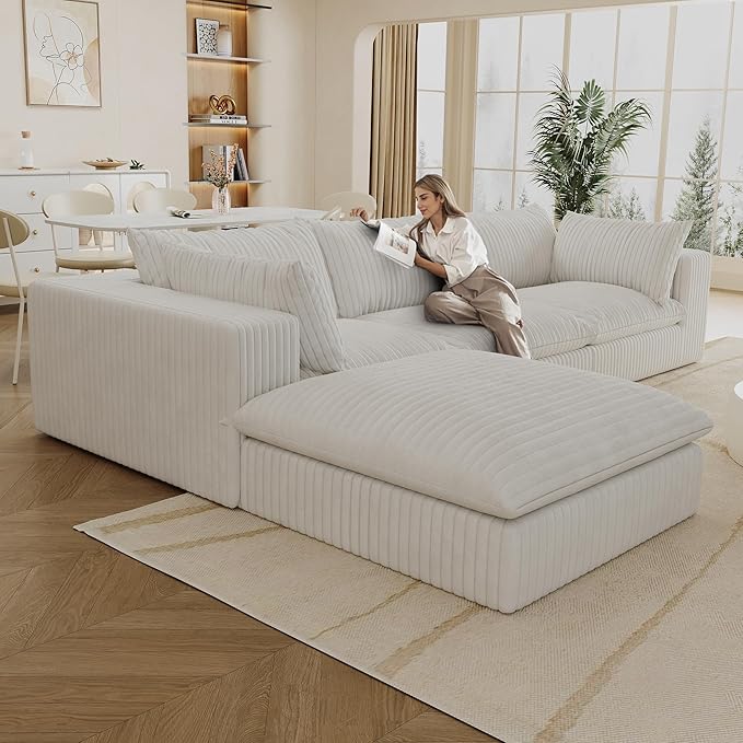 Cloud Compressed Modular Sectional Sofa 118 Oversized L-Shaped Corduroy Couch with 39 Deep Seat &amp Large Ottoman Soft Frameless Sponge Pit Sofa for Movie Room &amp Living Room | Plush Wider A