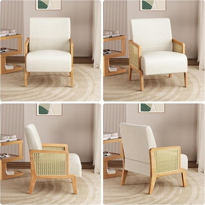 Modern Accent Chair with Rattan Armrest Linen Fabric Arm Chair with Ash Wood Legs White Accent Chair for Living Room Bedroom Balcony