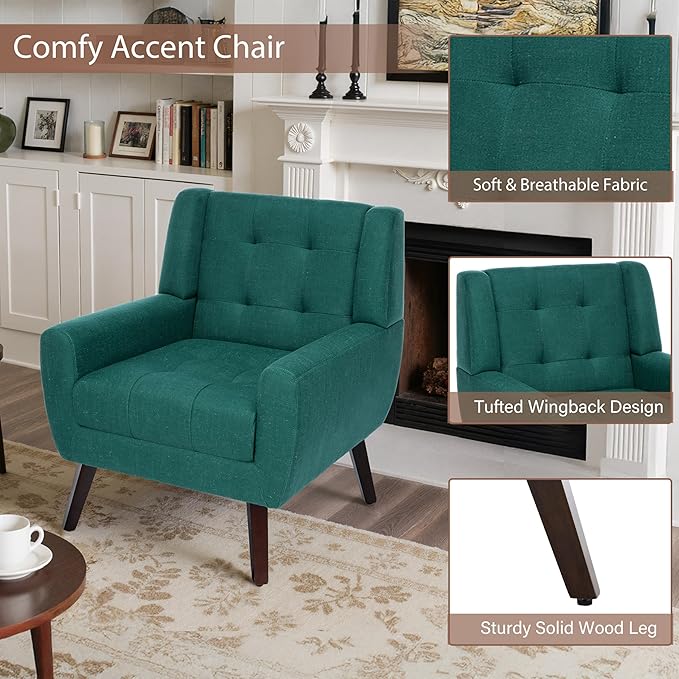 Accent Chairs Set of 2 Mid-Century Modern Upholstered Armchair Comfy Fabric Living Room Chairs Reading Chairs with Button Tufted Back &amp Solid Wood Legs for Bedroom Office Light Blue