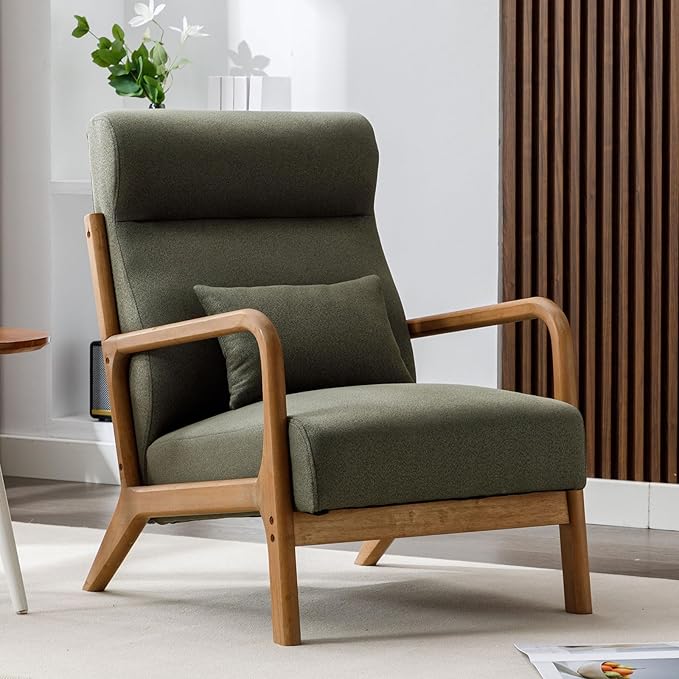ANJ Mid Century Modern Accent Chair with High Back Single Lounge Armchair with Solid Wood Frame Comfy Reading Chair for Living Room Easy Assembly