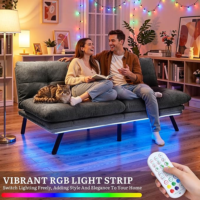 YITAHOME Convertible Futon Sofa Bed with Adjustable 3 Color Light Strip 70 Folding Futon Set for Living Room Home Office Aprtment Modern Futon Couch with Adjustable Backrest &amp Armrests Grey