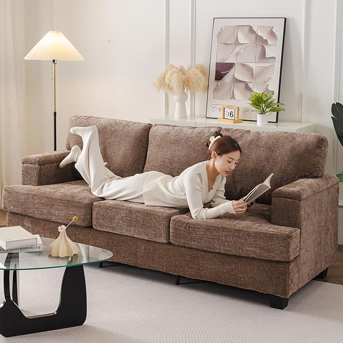 85'' L Shaped Couch with Armrest Organizer3 Seats Sofas with Movable OttomanComfy Sectional Sofa with Thick CushionChenille Sectional Couches for Living RoomBedroomApartmentHome FurnitureBrown