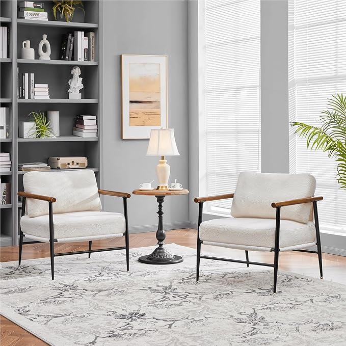 Topeakmart Mid-Century Boucle Accent Chair Reading Chair with Stylish Boucle Fabric Lounge Chair with Ultra-Long Armrest and Extra-Wide Seat for Living Room Lounge Office Ivory 2PCS