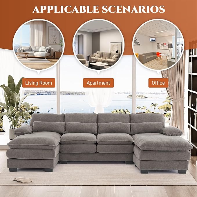 OUYESSIR 113 U Shape Sectional Cloud Couch with OttomanFluffy Sectional Couches for Living Room4 Seater Modular Sectionals SofaComfy Cloud Sofas &amp Couches with 4 PillowsGrey