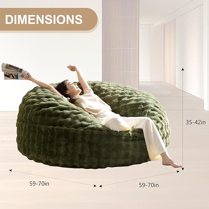 Bean Bag Chair for Adults Floor Bean Bags Offers Ample Space for AdultsMemory Foam Giant Bean BagsLounger Versatile Design Suits Any RoomMovie NightsReading (Rabbit Fur Green 6FT)