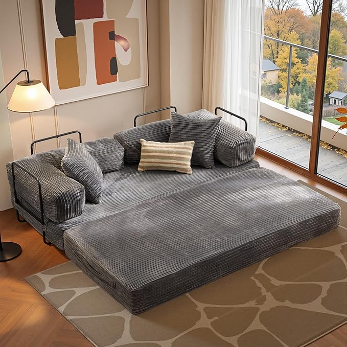 81″ Convertible Sleeper Sofa Bed with Pillows Corduroy Foldable Mattress Couch with Fixed-Shape Frame Futon Sofa Bed Boneless Couch for Living Room Bedroom Lounge Studio Gray